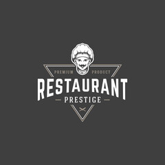 Restaurant logo template vector object for logotype or badge design. Trendy retro style illustration, chef man giving food silhouette.