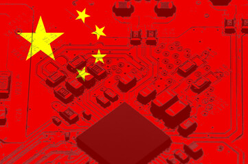 Chinese National Flag with a grunge  effect on PC circuit board