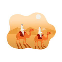 two people riding camels in the desert