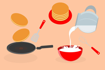 pancake making set milk frying pan spatula whisk plate vector illustration