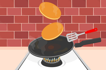 pancake in a frying pan in the kitchen preparing delicious big ones on a butter dish vector illustration