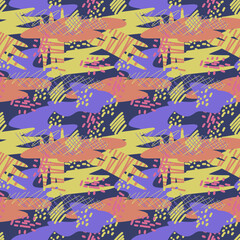 Vector seamless pattern. Abstract colorful doodle flat shapes, strokes, spots, lines, stripes, flowers.