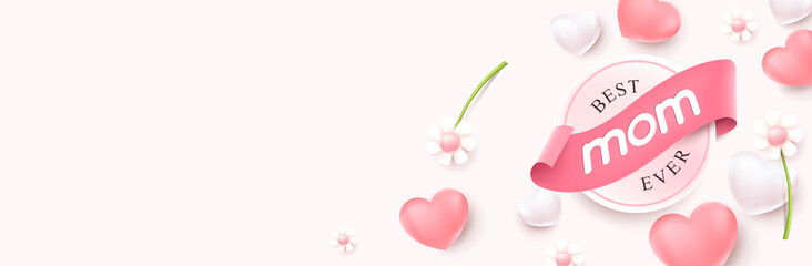Happy Mothers day banner background layout Heart Shaped Balloons and flower with copy space 