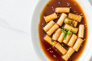 Spicy Jjajang Tteokbokki or Korean rice cake in spicy black bean sauce