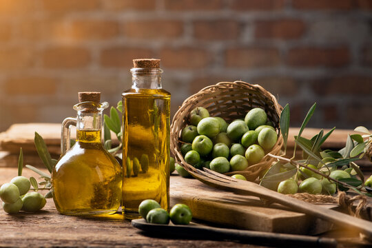 Olives And Olive Oil In A Bottles