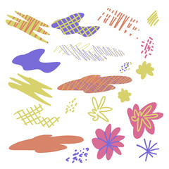 Vector set of abstract colorful flat shapes, flowers, stripes, strokes, lines, spots, zigzags.