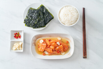 fresh salmon raw marinated shoyu or salmon pickled soy sauce