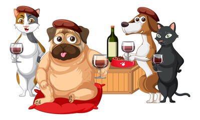 Fototapeta premium Dogs and cats at wine party cartoon