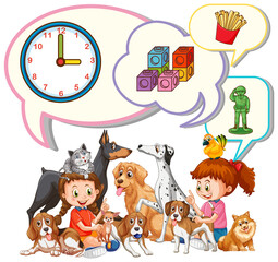 Speech bubbles with girls and many dogs