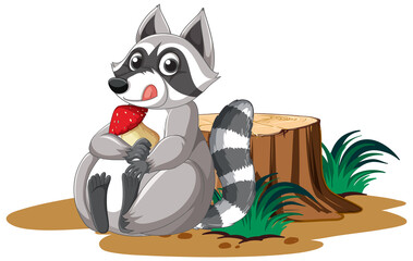Cute cartoon raccoon holding mushroom with stump on white background