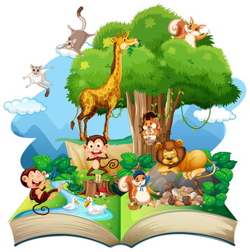 Open book forest theme with animal on white background