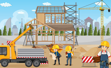 Obraz na płótnie Canvas Building construction site and workers