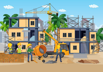 Obraz na płótnie Canvas Building construction site with workers