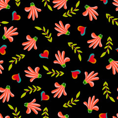 Peach Flowers and Green Leaves on Black Background Decorative Seamless Pattern