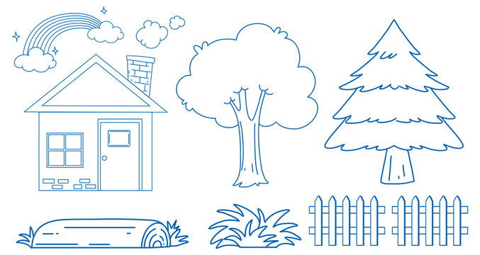 Sketching set with house and trees