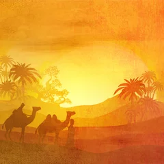 Crédence de cuisine en verre imprimé Couleur miel Bedouin camel caravan in wild africa landscape - artistic grunge illustration
