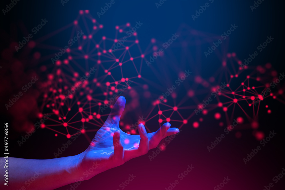 Poster hand with social data netowork floating, ai information of internet of things, hold the global syste