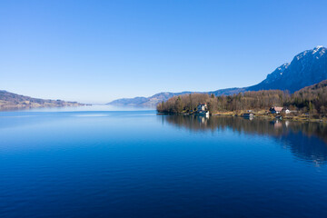 Drone photography, Fuschlsee a popular lake near Salzburg, Upper Austria, Europe
