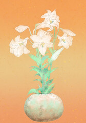 たまご型の花器に生けた白百合（テッポウユリ、イースターリリー）の和風イラストオレンジ系