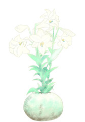 たまご型の花器に生けた白百合（テッポウユリ、イースターリリー）の和風イラスト背景切り抜き