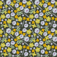 Seamless pattern with wild plants, colorful flowers and herbs, botanical illustration, floral elements, hand drawn repeating background. Wild meadow herbs and flowers. Vector graphics.