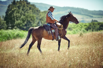Yeeha. Shot of a mature man riding a horse in a field.