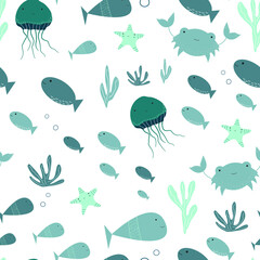 Cute seamless fish pattern. Cartoon underwater world. Baby funny marine print. Vector illustration of crab, jellyfish, starfish and fish in Scandinavian style.