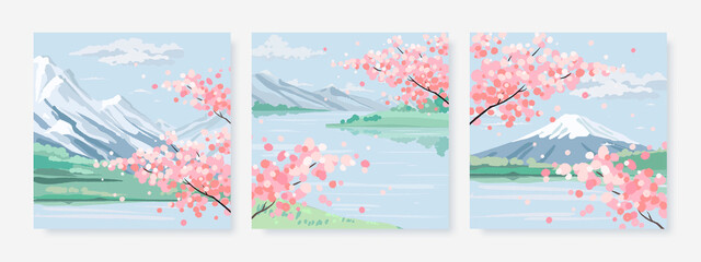Spring cherry blossom landscape background. Hand drawn card, poster, banner or cover design template with blossoming sakura flowers © AM_art