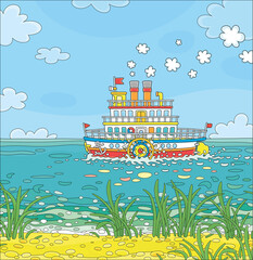 Funny retro paddle passenger steamboat with large wheels attached to its sides floating on a large lake on a summer day, vector cartoon illustration - obrazy, fototapety, plakaty