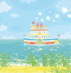 Funny retro paddle passenger steamboat with large wheels attached to its sides floating on a large lake on a summer day, vector cartoon illustration isolated on a white background - obrazy, fototapety, plakaty