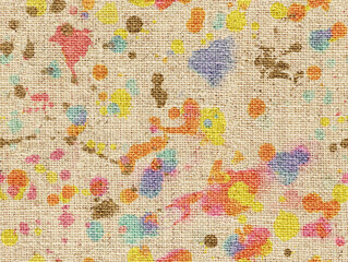 Fototapeta na wymiar Abstract Colorful Paint Splashes on Realistic Burlap Sack Texture Seamless Pattern Linen Look Natural Surface Perfect for Interior Designs