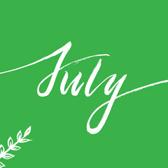 Brush lettering - July word. July concept text with hand drawn branch. July handwritten text vector illustration for poster, card, banner, design template. Summer month.