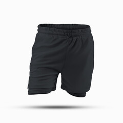 Mockup of black loose shorts with compression lining, elastic band, drawstring waist, 3D rendering, isolated on background, front view.