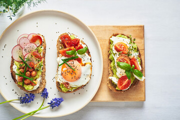 Vegetarian egg sandwiches on white background.. Healthy vegetarian sandwiches with egg tomatoes avocado cream and cheese garnished with chia seeds and aromatic herbs. Vegetarian sandwich.