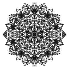 Monochrome mandala on a white background. Circular floral oriental pattern. Round arabesque. Coloring page. Circular pattern for mehndi, tattoo, logo. Vector illustration.