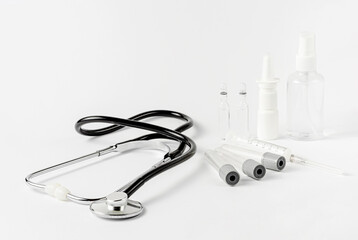 Medical supplies on white background. Copy space