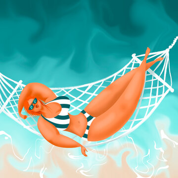 Young attractive woman cartoon character in bikini sunbathing in a hammock on the seashore against the background of turquoise water top view.