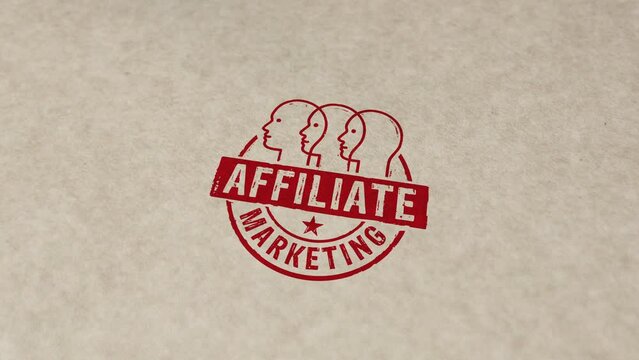 Affiliate marketing and targeted advertisement symbol stamp and hand stamping impact animation. Online business promotion 3D rendered concept.