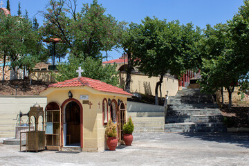 the monastery of Agios Nikolaos from Vounaini in Karditsa,Thessaly,Greece. sunny day with blue sky