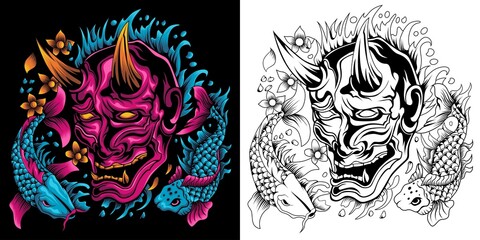 oni mask with koi fish vector illustration