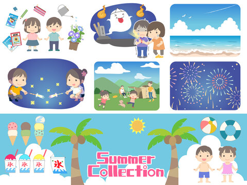 小学生の夏休みのイラストセット 宿題 肝試し 海水浴 手持ち花火 キャンプ 打ち上げ花火 Stock ベクター Adobe Stock