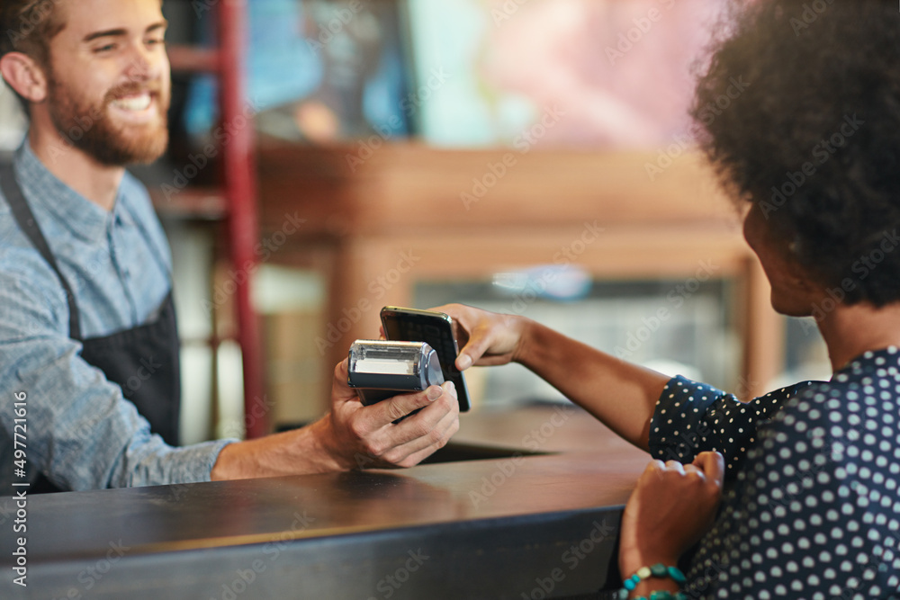 Poster we try to make your experience as convenient as possible. shot of a barista taking a smartphone paym