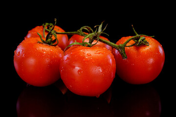 Red tomatoes on a black background. Fresh, perfect and firm tomato. Restaurant, groceries store or agriculture promo.