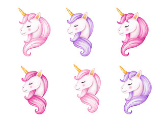 Cute watercolor unicorn clipart isolated on white background. Beautiful watercolor unicorns illustration. Magic trendy cartoon horse perfect for nursery print and poster design. Princess unicorn.