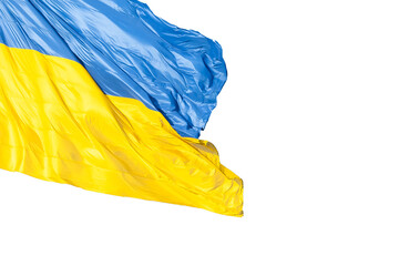 Ukraine, flag with waves and bends waving in the wind on a white background.