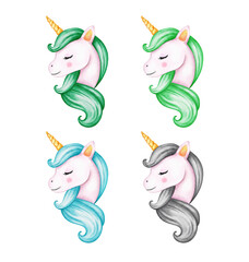 Cute watercolor unicorn clipart isolated on white background. Beautiful watercolor unicorns illustration. Magic trendy cartoon horse perfect for nursery print and poster design. Princess unicorn.