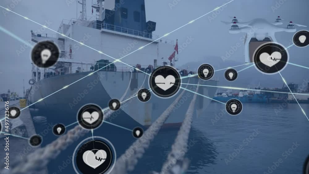 Poster animation of network of connections with icons and delivery drone over ship and port