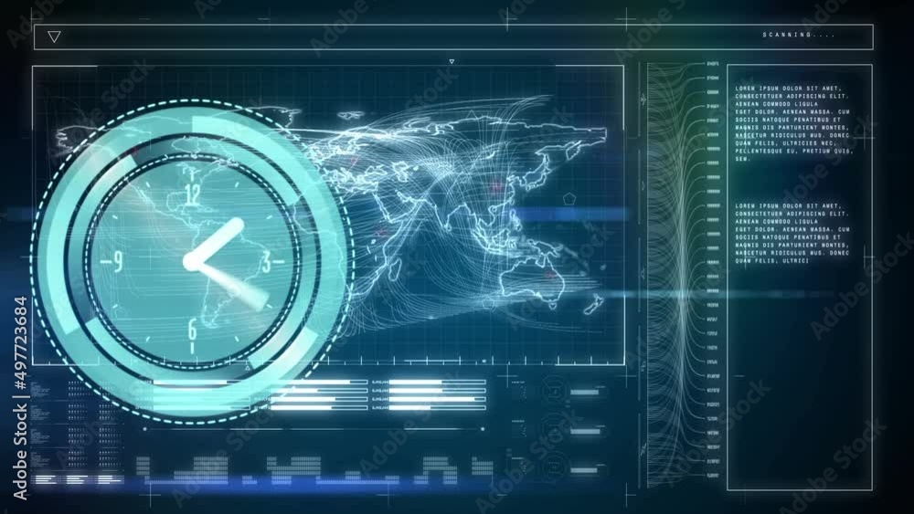 Poster Animation of clock moving over data and world map