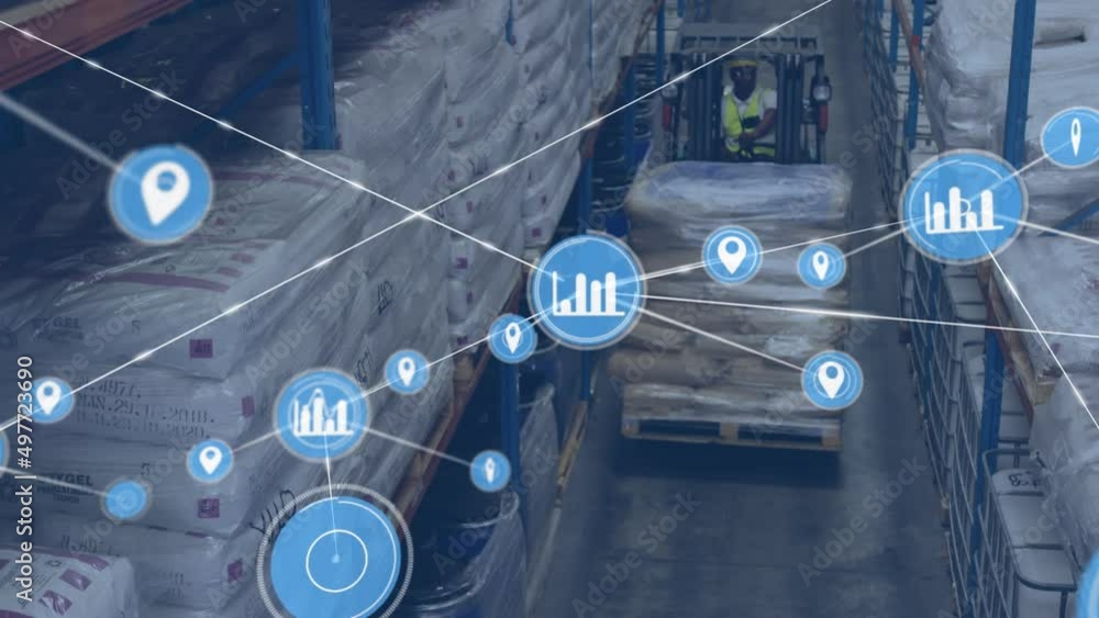 Poster Animation of network of connections with icons and delivery drones over warehouse