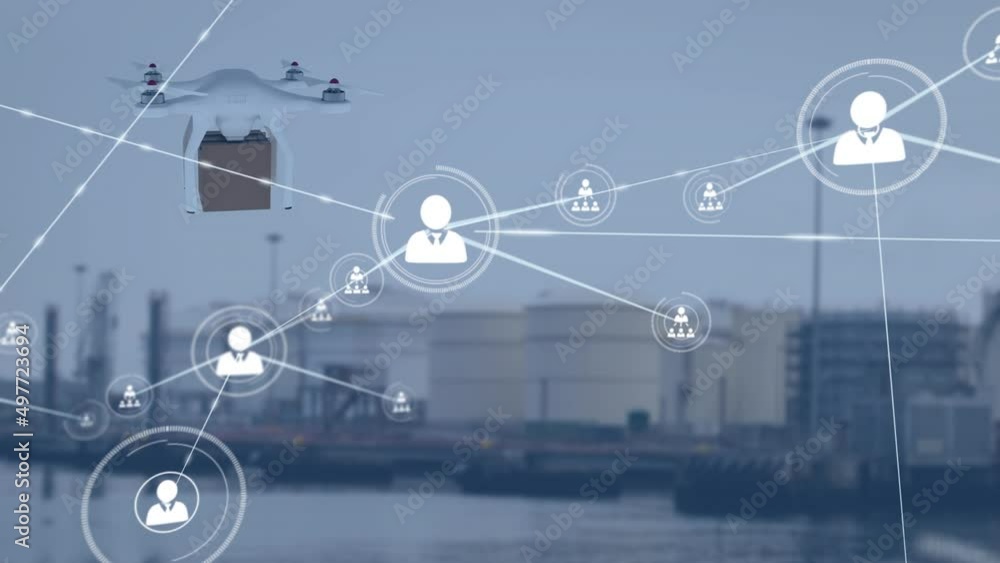 Aufkleber animation of network of connections with icons and delivery drone over port
